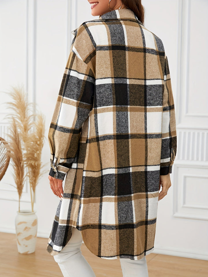 Elowen | Women's long plaid coat with buttons