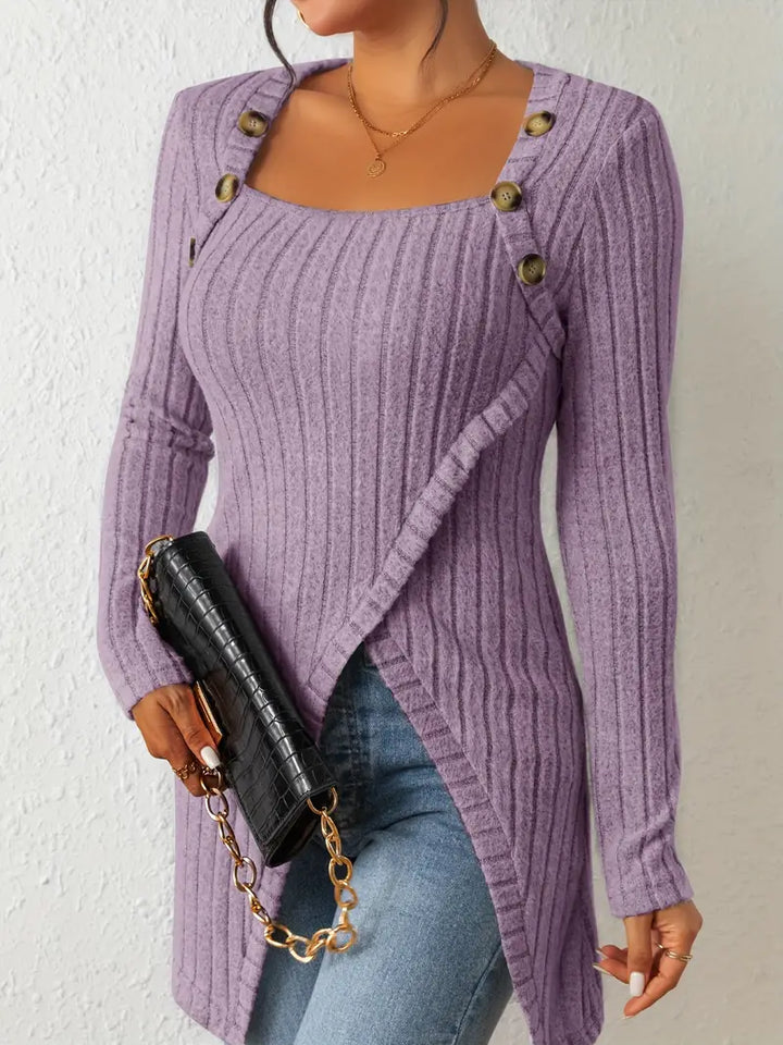 Julia - Asymmetric Buttoned Rib-Knit Top