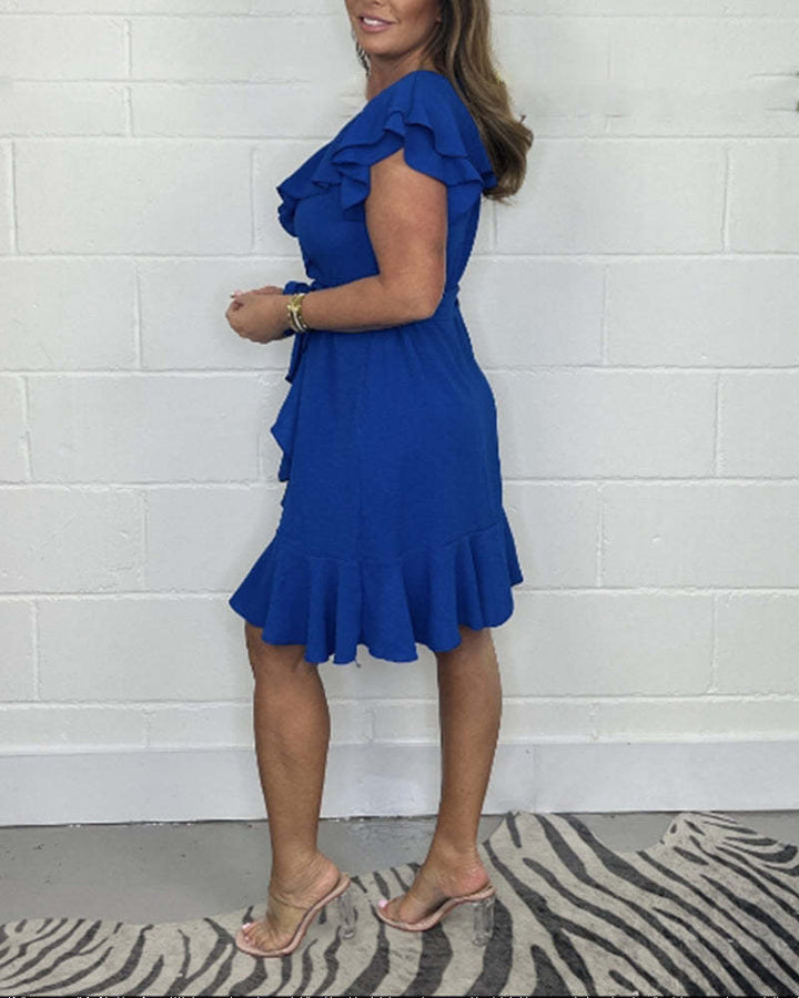 Wilhelmina™ - Elegant V-Neck Dress with Ruffle Embellishments
