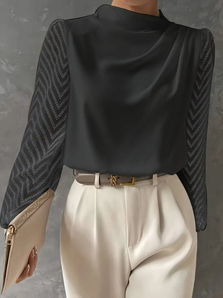 Samanta® | Illusion Sleeve Ruched Mocha Neck Blouse