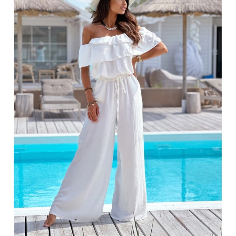 Damen Off-Shoulder Jumpsuit mit weitem Bein, Rüsche und Kordelzug