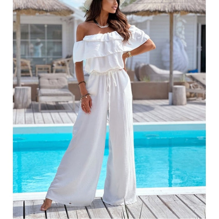 Damen Off-Shoulder Jumpsuit mit weitem Bein, Rüsche und Kordelzug