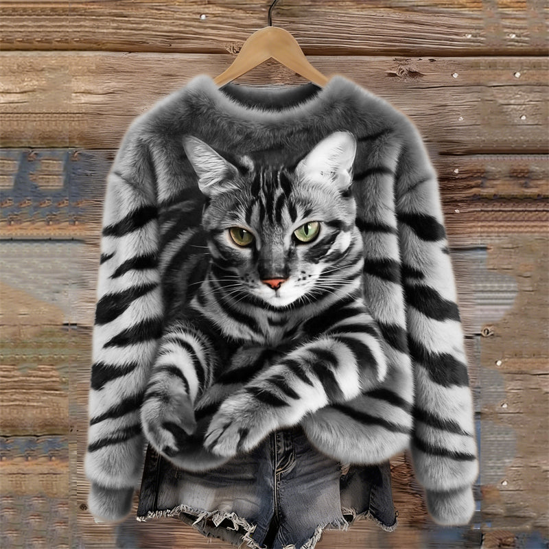 Cozy Plush Sweatshirt with a Tiger and Tabby Kitten Design
