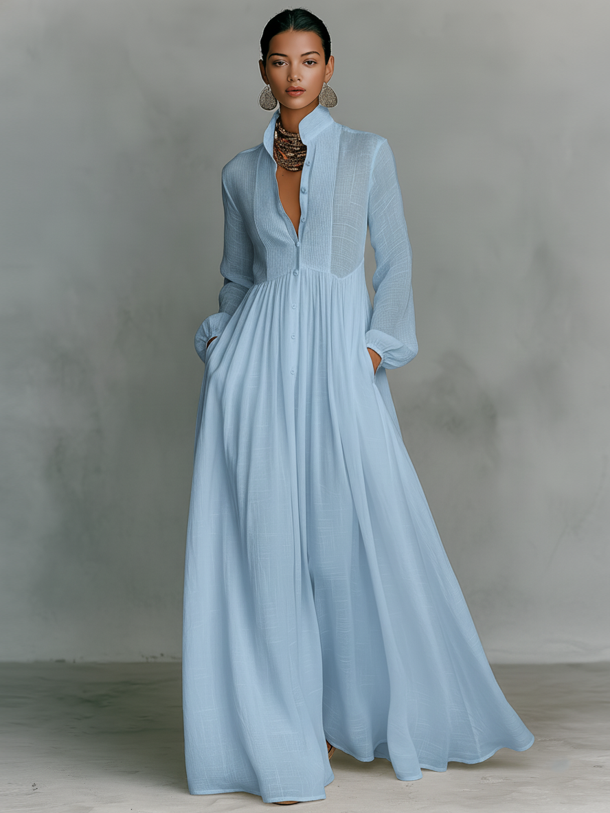 Women's Minimalist Patchwork Maxi Dress with Stand Collar and Long Sleeves, Single-Breasted.