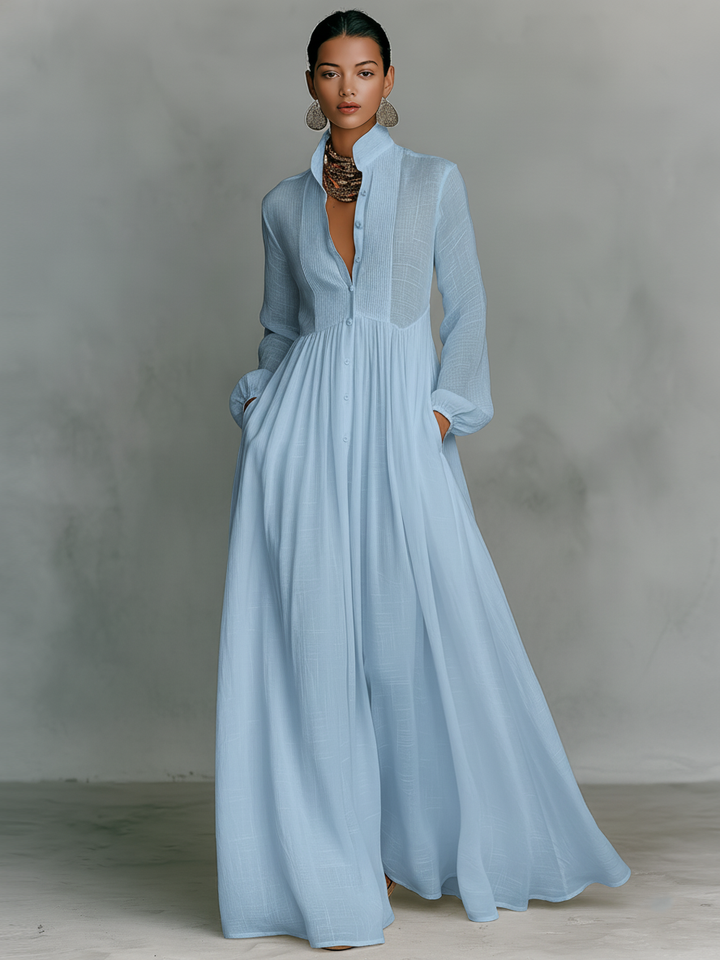 Women's Minimalist Patchwork Maxi Dress with Stand Collar and Long Sleeves, Single-Breasted.