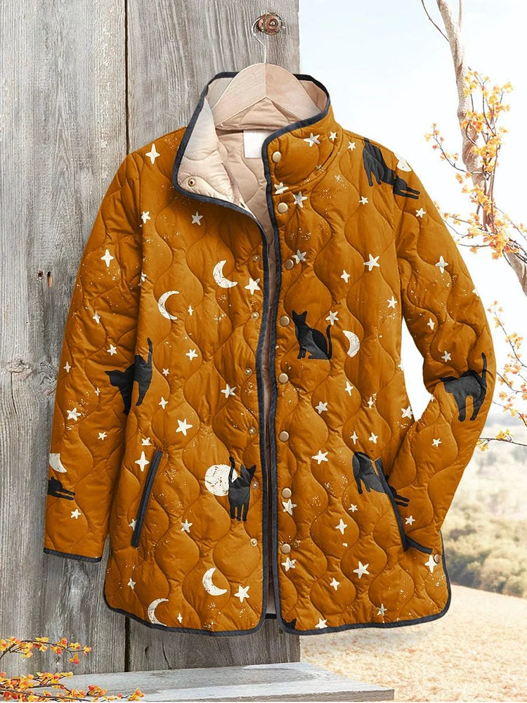 Black Cats Halloween Print Casual Quilted Jacket