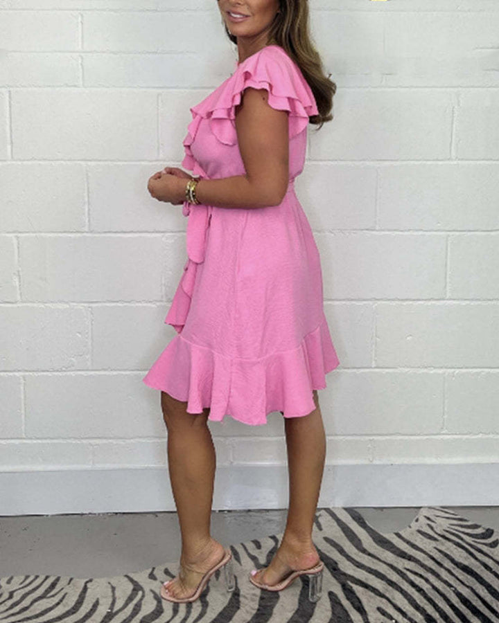 Wilhelmina™ - Elegant V-Neck Dress with Ruffle Embellishments