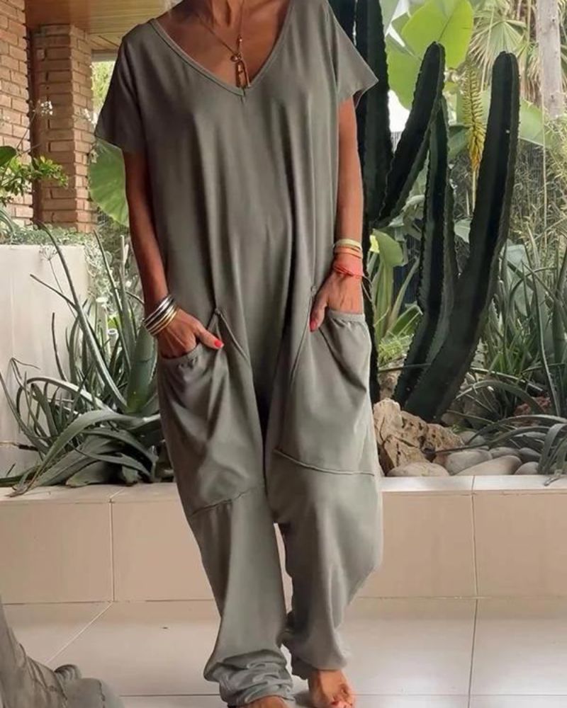 Yelena™ - Casual V-Neck Solid Color Jumpsuit