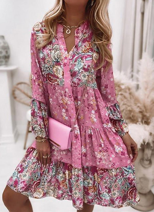 V-neck Floral A-line Dress with 3/4 Sleeves, Thigh Length