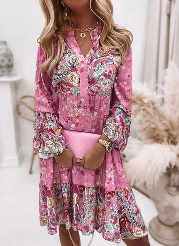 V-neck Floral A-line Dress with 3/4 Sleeves, Thigh Length