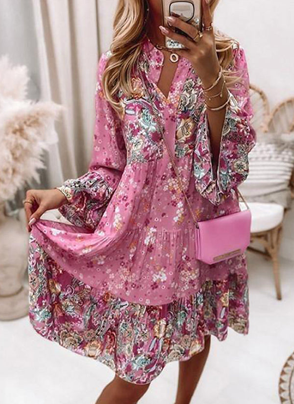V-neck Floral A-line Dress with 3/4 Sleeves, Thigh Length