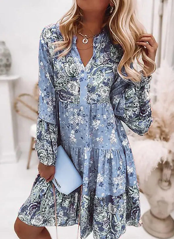 V-neck Floral A-line Dress with 3/4 Sleeves, Thigh Length