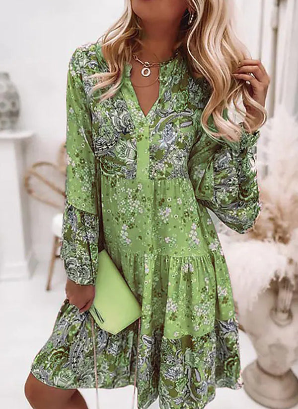 V-neck Floral A-line Dress with 3/4 Sleeves, Thigh Length