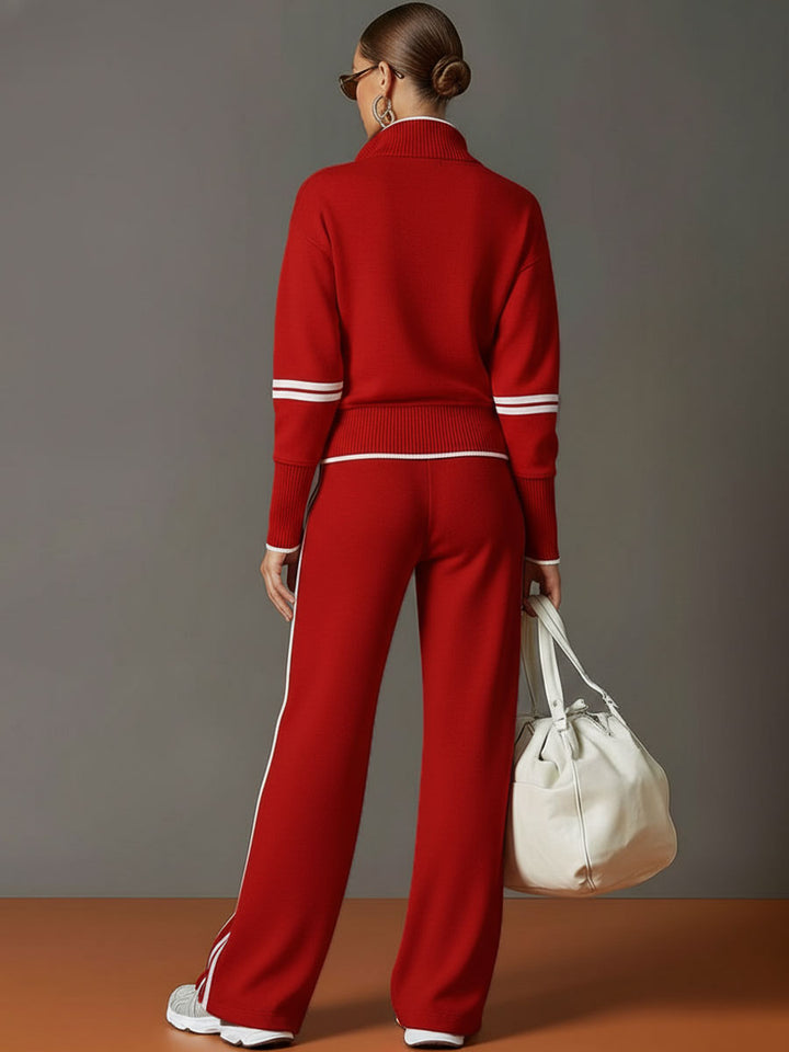 Vintage-Inspired Gray and White Half-Zip Sweatshirt with Wide-Leg Pants Set