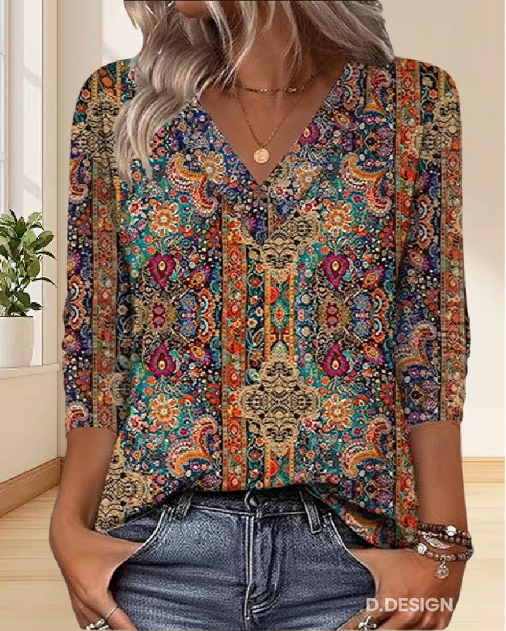 Vintage-Inspired V-Neck Print Blouse