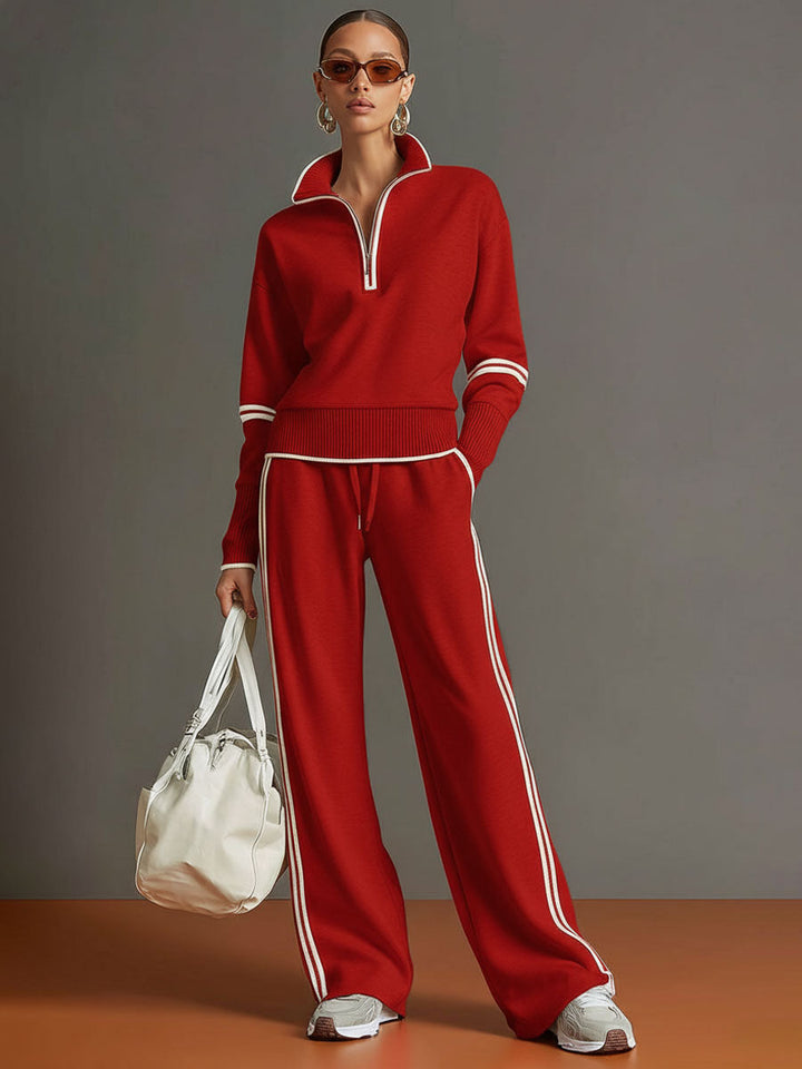 Vintage-Inspired Gray and White Half-Zip Sweatshirt with Wide-Leg Pants Set