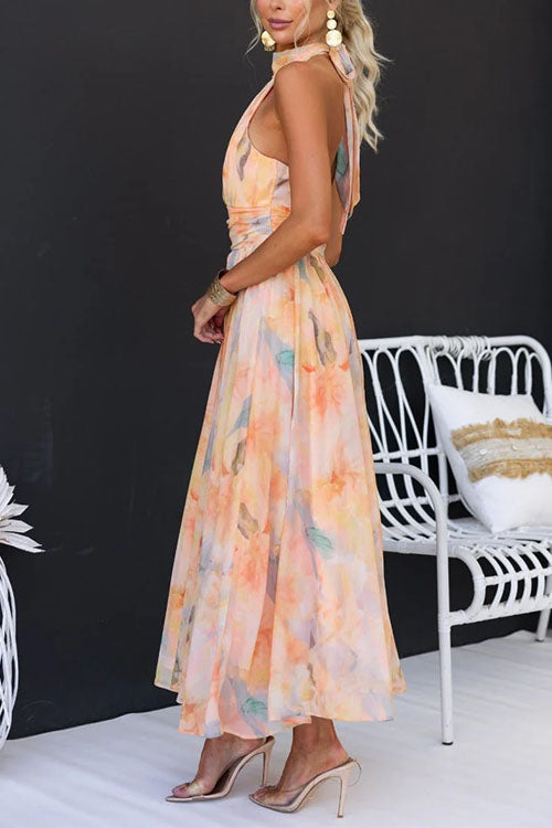 Aurora™ - Elegant Halterneck Maxi Dress with Watercolor Print