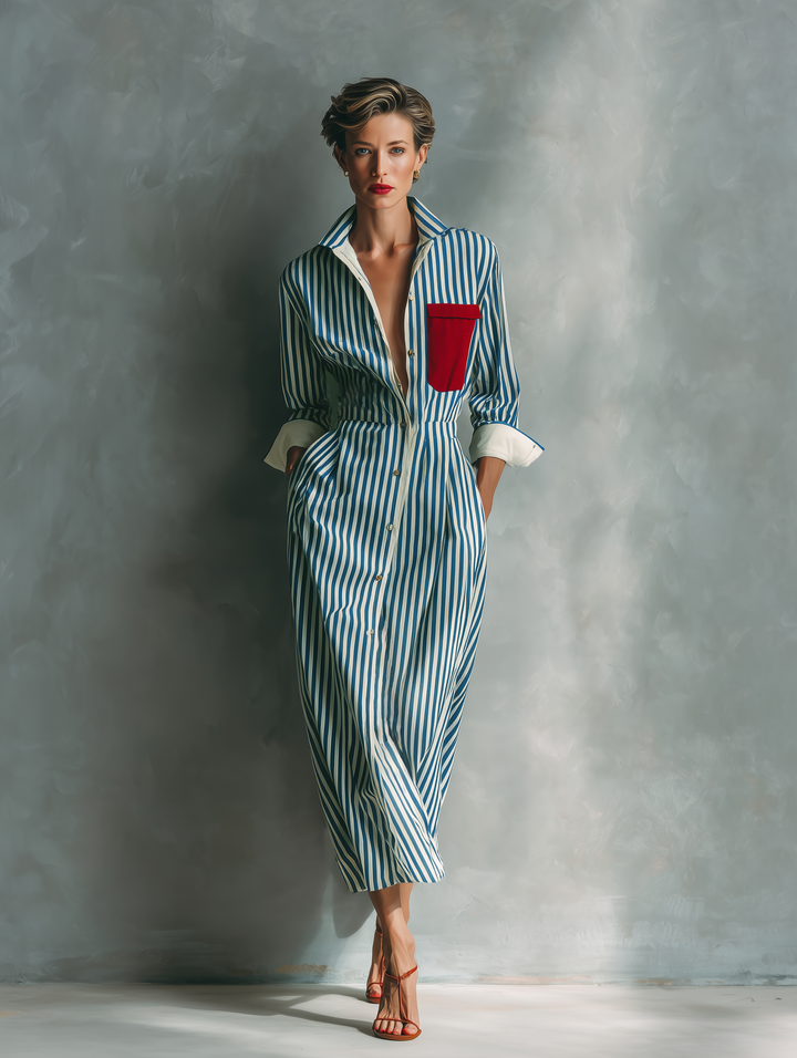 Women's shirt dress in blue and white with a red breast pocket