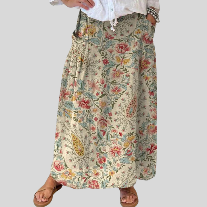 Women's Vintage Floral Art Print Linen Pocket Skirt