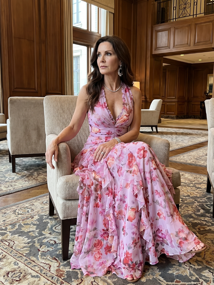 Nori | Halter Neck Ruffle Top Floral Maxi Dress