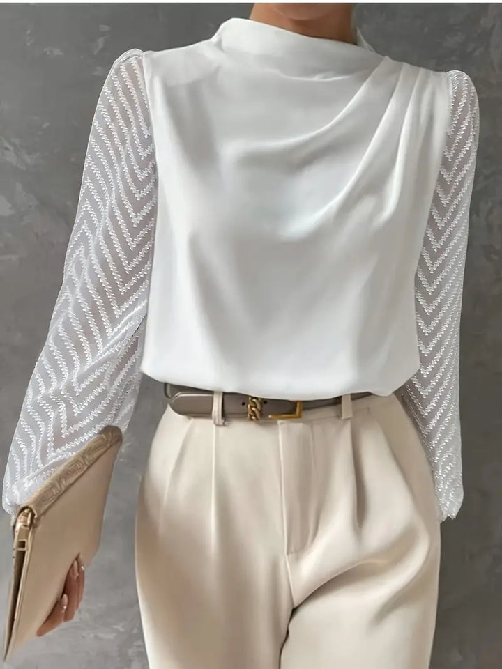 Samanta® | Illusion Sleeve Ruched Mocha Neck Blouse