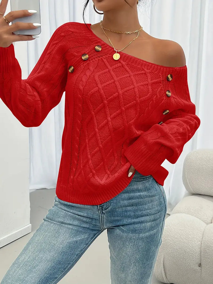 Lina - Cable Knit Long Sleeve Sweater, Casual Round Neck Pullover