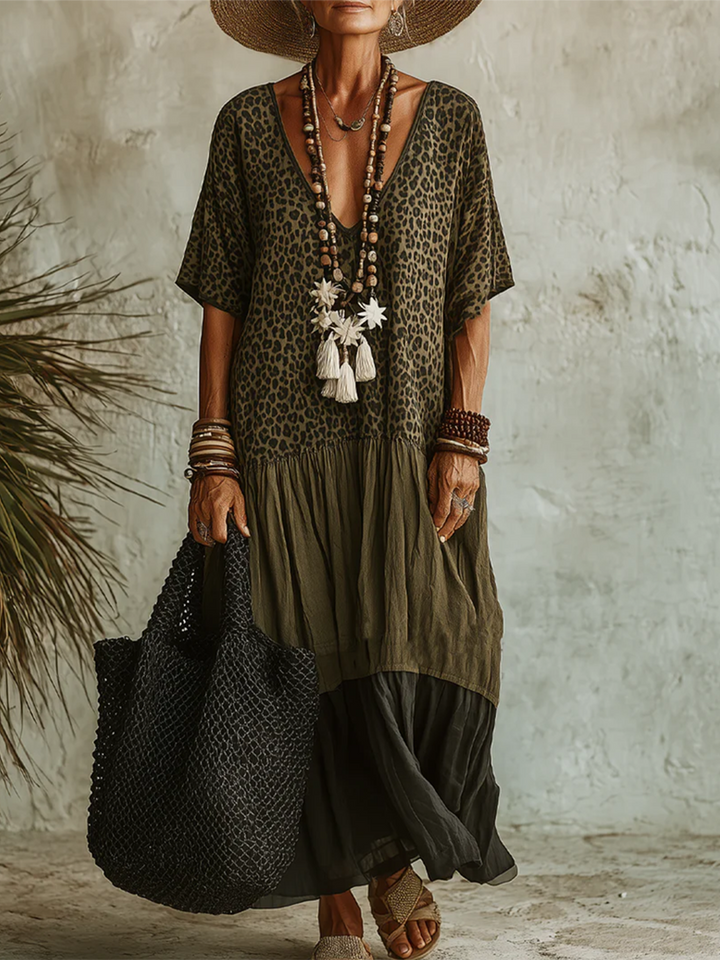 Women's V-Neck Leopard Print Maxi Dress