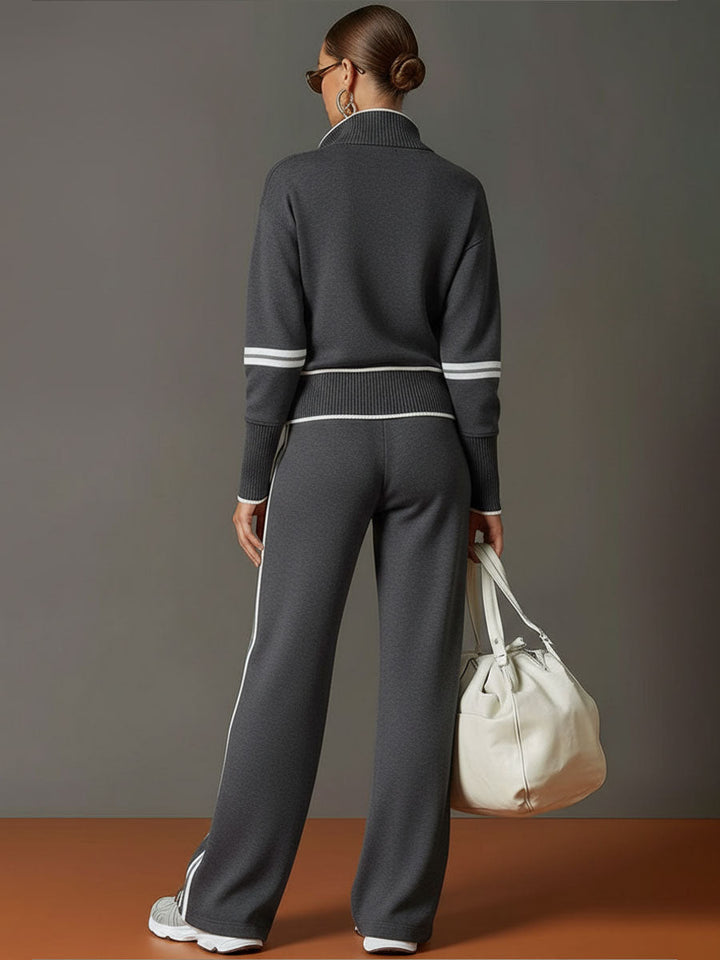 Vintage-Inspired Gray and White Half-Zip Sweatshirt with Wide-Leg Pants Set