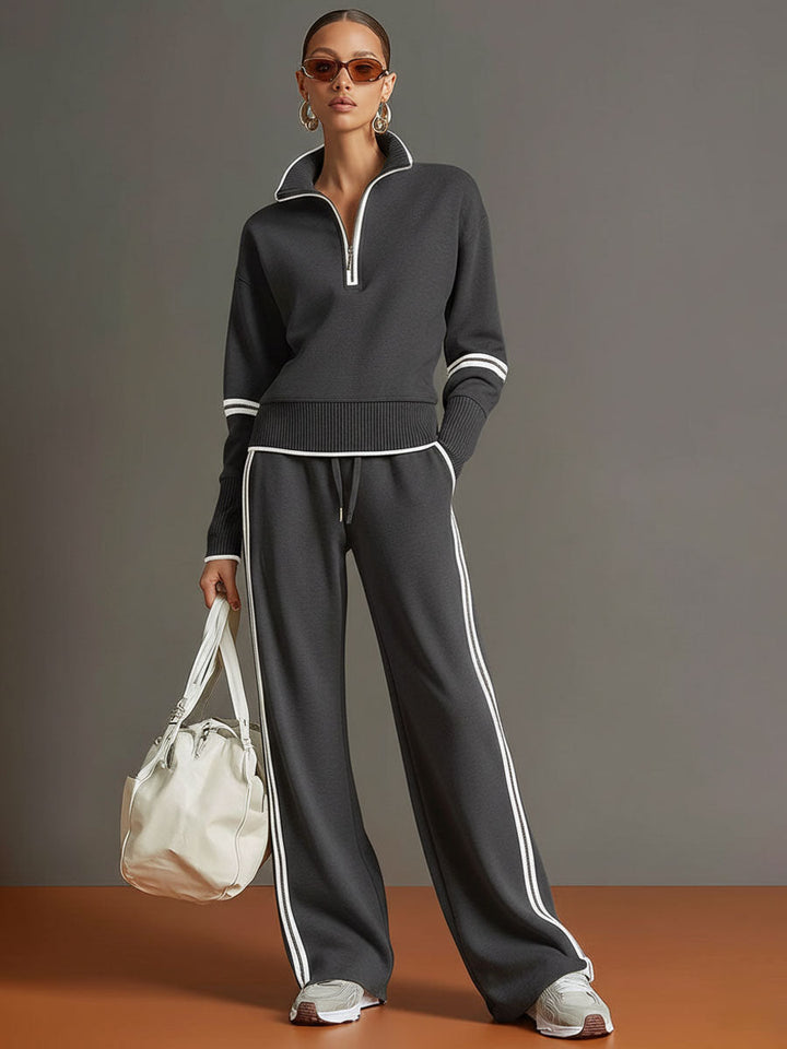 Vintage-Inspired Gray and White Half-Zip Sweatshirt with Wide-Leg Pants Set