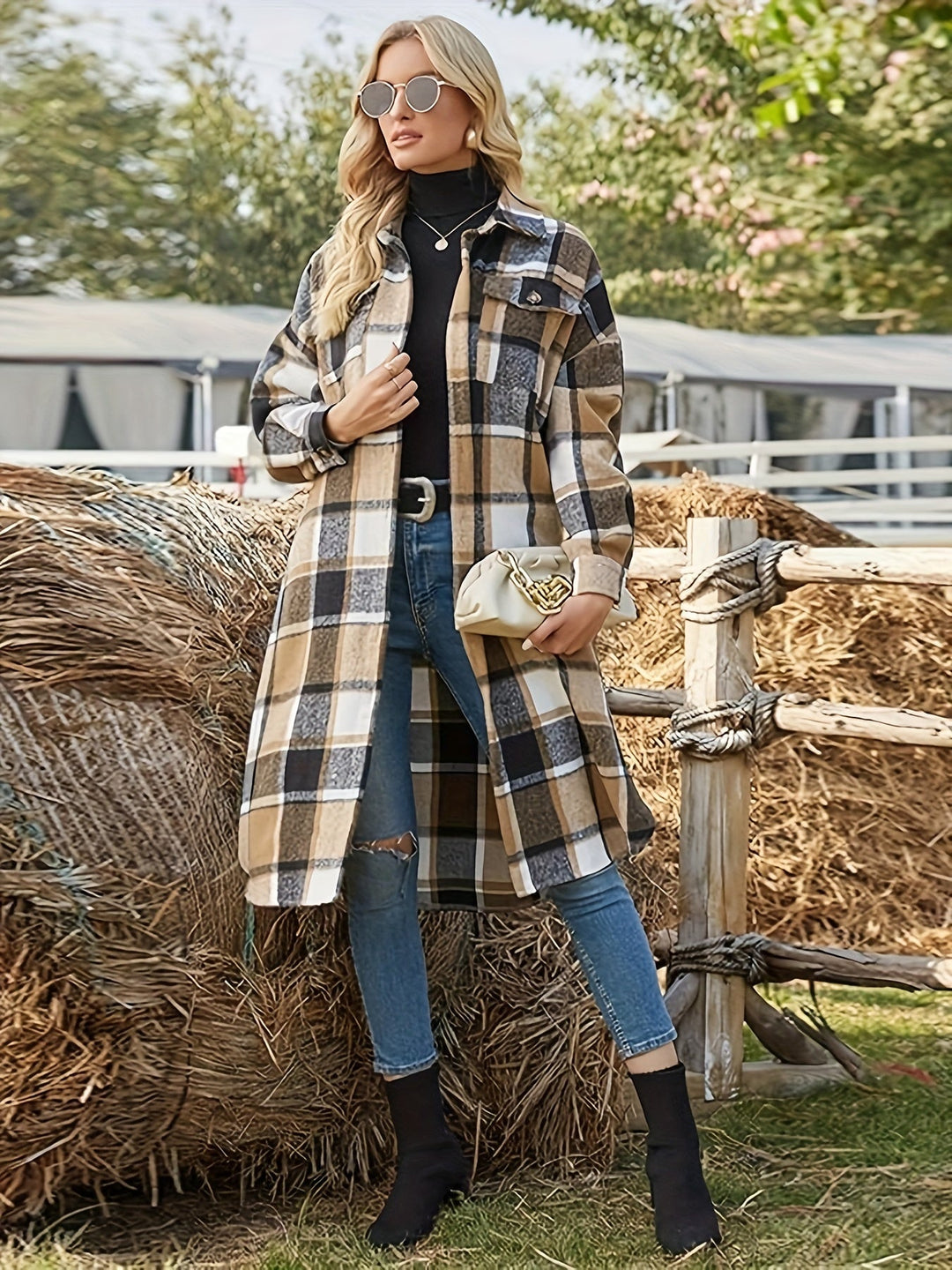 Elowen | Women's long plaid coat with buttons