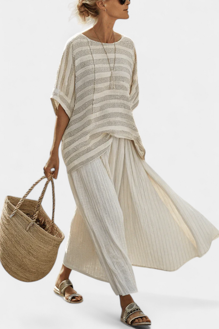 Graziella - striped top made of natural bamboo and flowing linen trousers