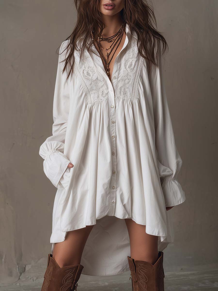 Retro Style Lace Irregular Hem Long Sleeve Mini Dress