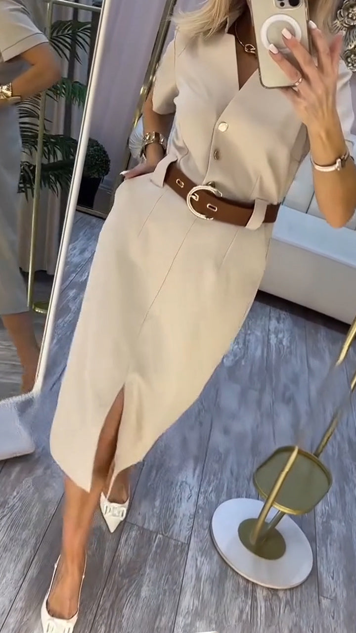 Damen Midi-Kleid mit kurzen Ärmeln, seitlichem Schlitz und Knöpfen