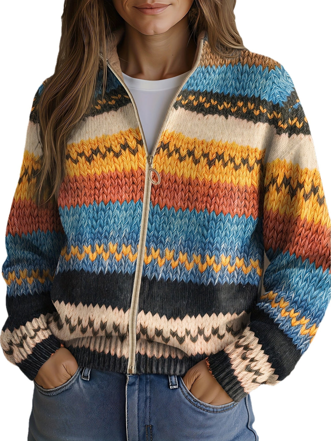 Yseult | Women's cardigan with zigzag stripes and a gold-tone zipper