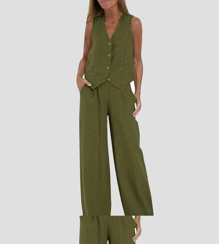 Aira - Buttoned Vest & Wide Leg Trousers Set