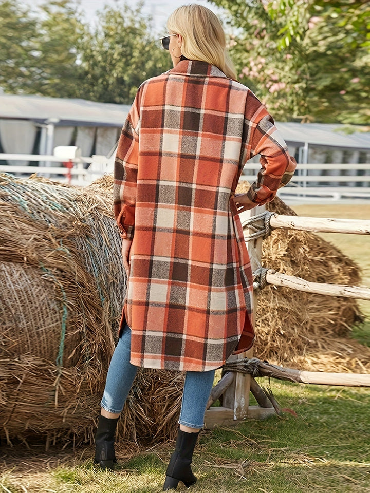Elowen | Women's long plaid coat with buttons
