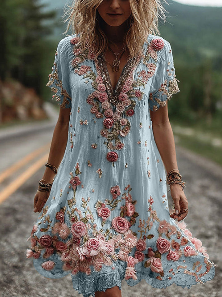 Ruby - Blossom Embroidered V-Neck Dress