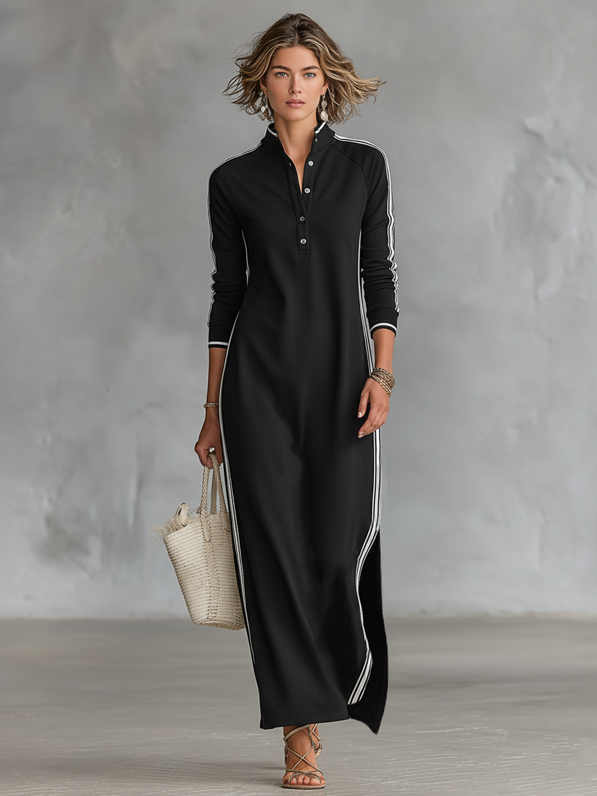 Minimalist women's sweatshirt dress with white collar and button placket