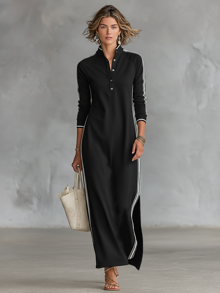 Minimalist women's sweatshirt dress with white collar and button placket