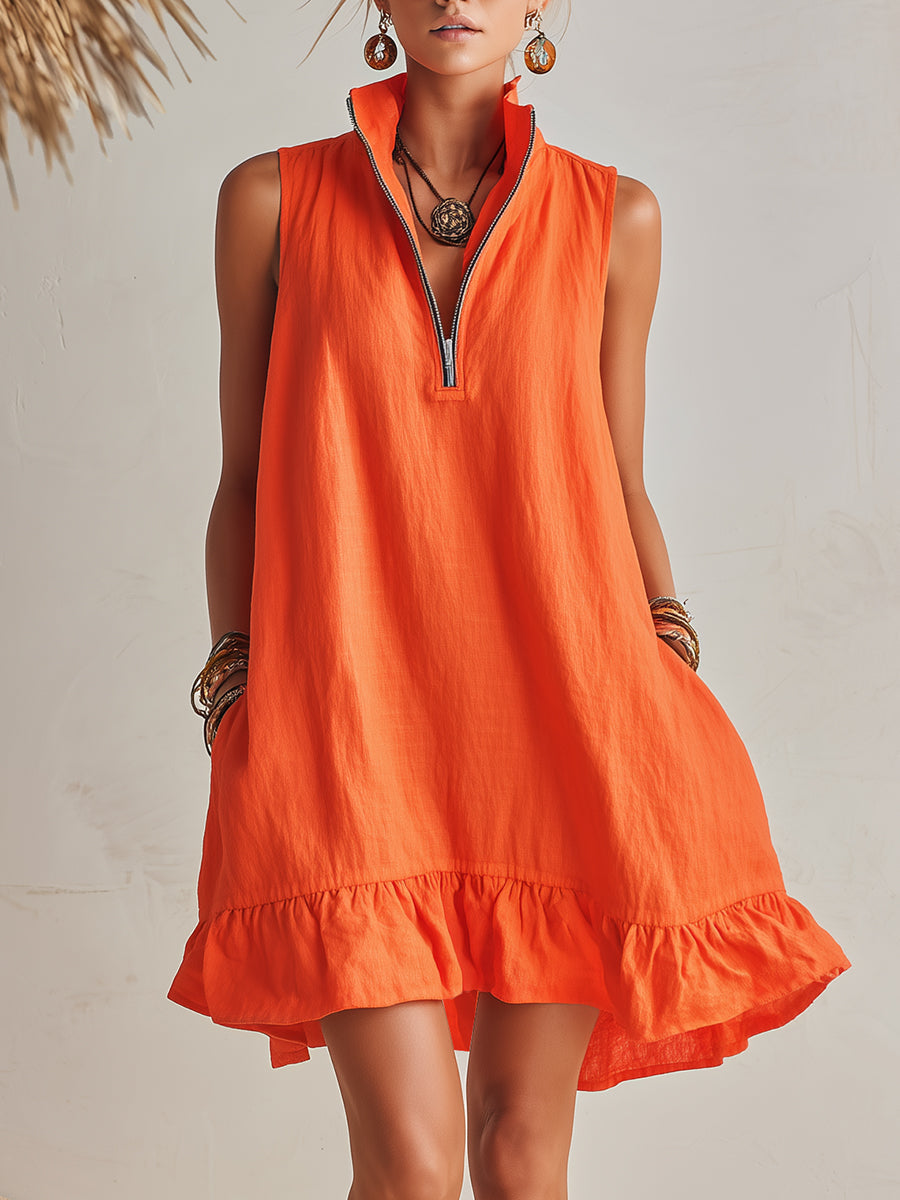 Bright Orange Linen Half-Zip Mini Dress with Ruffle Hem and Stand-Up Collar