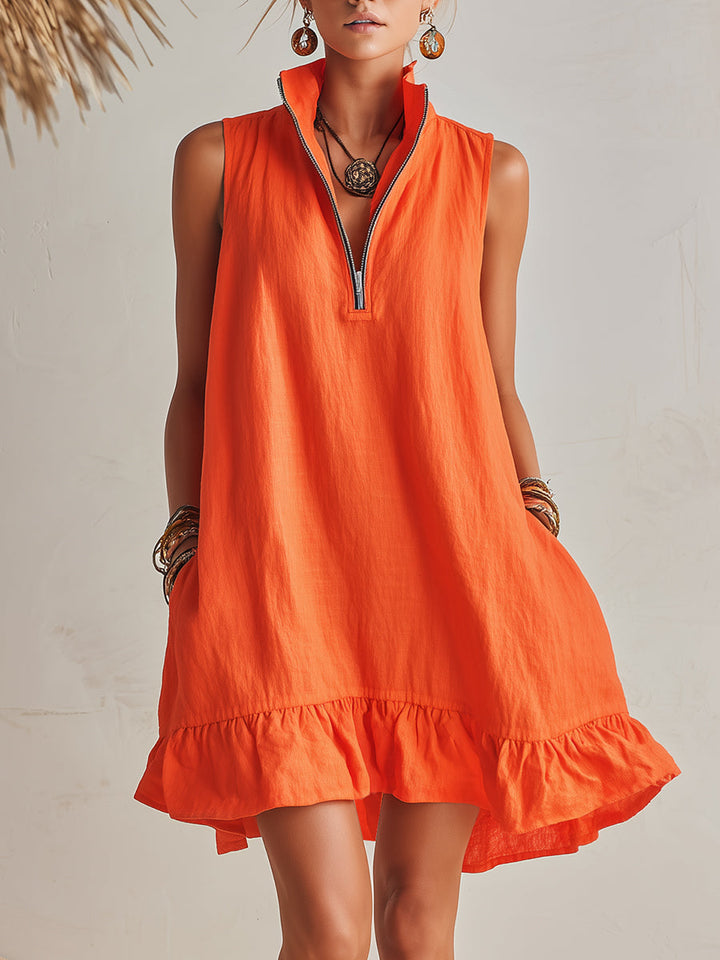 Bright Orange Linen Half-Zip Mini Dress with Ruffle Hem and Stand-Up Collar