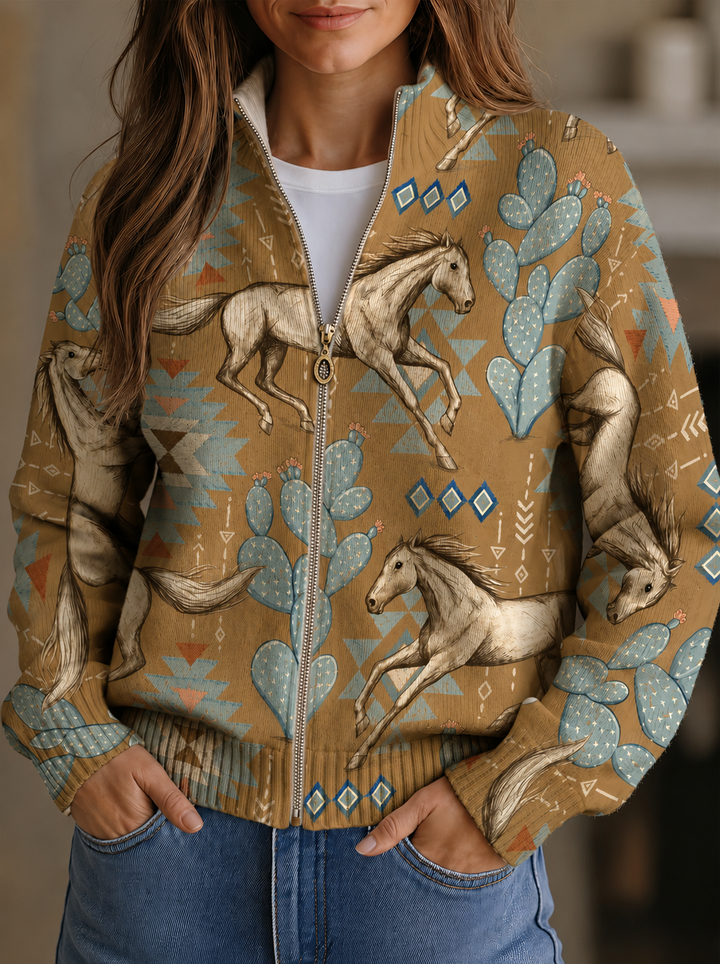 Women's cardigan with Southwestern horse and cactus pattern