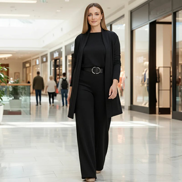 Chic 3-piece ensemble: Long cardigan, top, and trousers