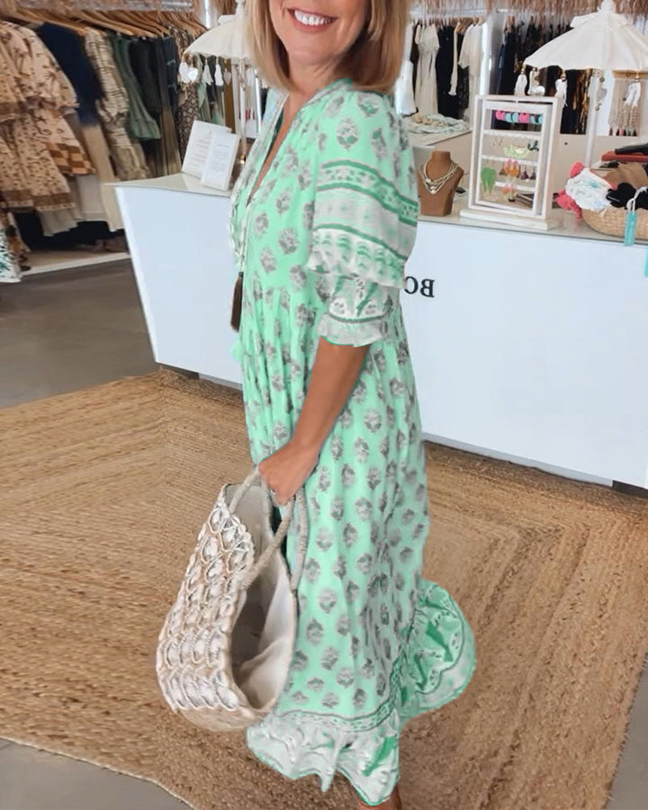 Giusy - Casual Printed V-Neck Dress With Half Sleeves