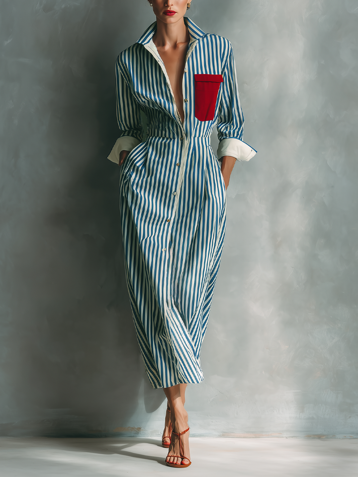 Women's shirt dress in blue and white with a red breast pocket