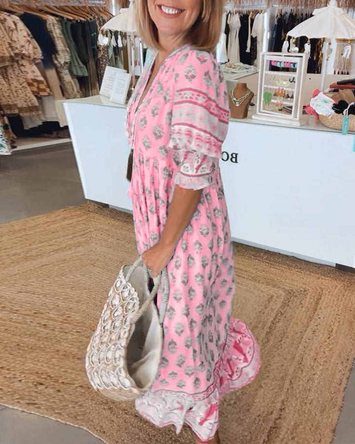 Giusy - Casual Printed V-Neck Dress With Half Sleeves