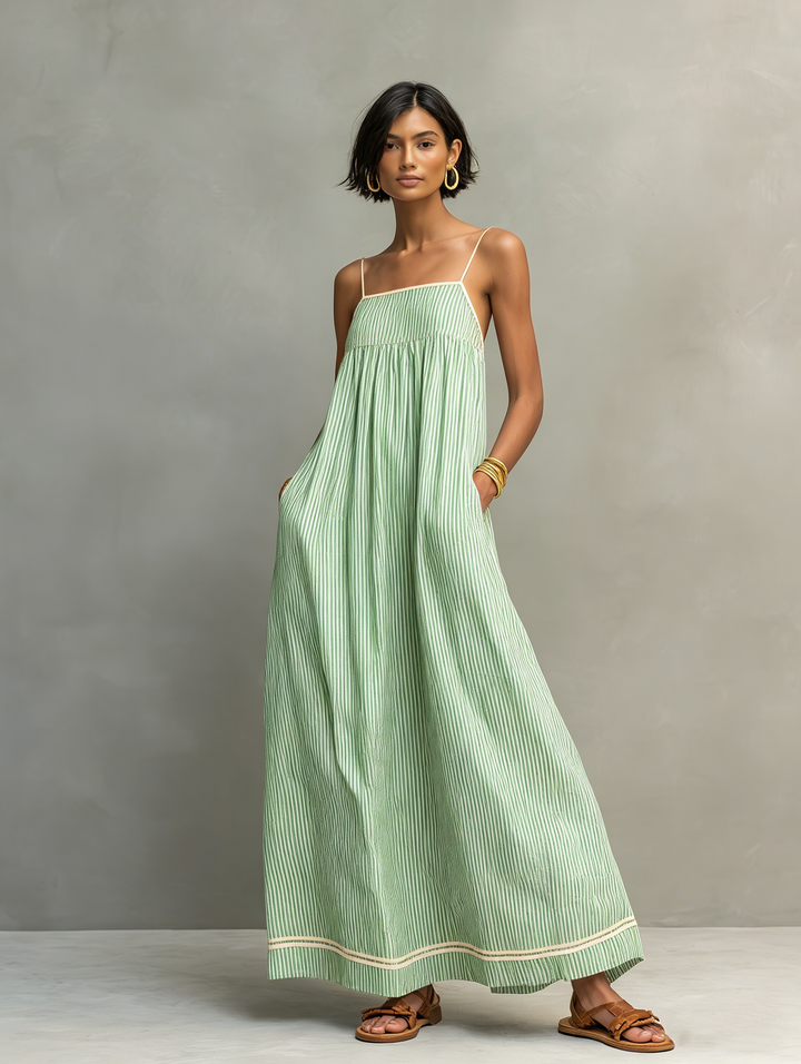 Women's Minimalist Striped Maxi Dress with Red Accents and Spaghetti Straps