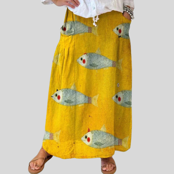 Women's Vintage Fish Art Print Linen A-Line Skirt