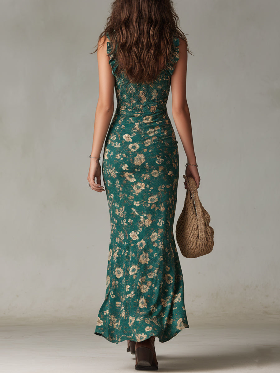 Maya™ | Boho Retro Ruffle Sleeve Maxi Dress with High Slit