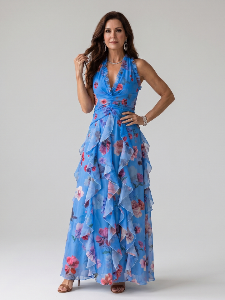 Nori | Halter Neck Ruffle Top Floral Maxi Dress